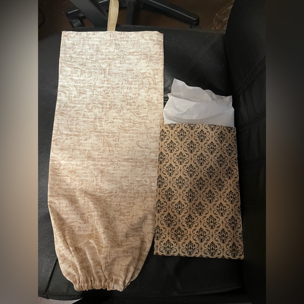 New! Handmade Taupe Patterned Grocery Bag Holder with gift bag and tissue